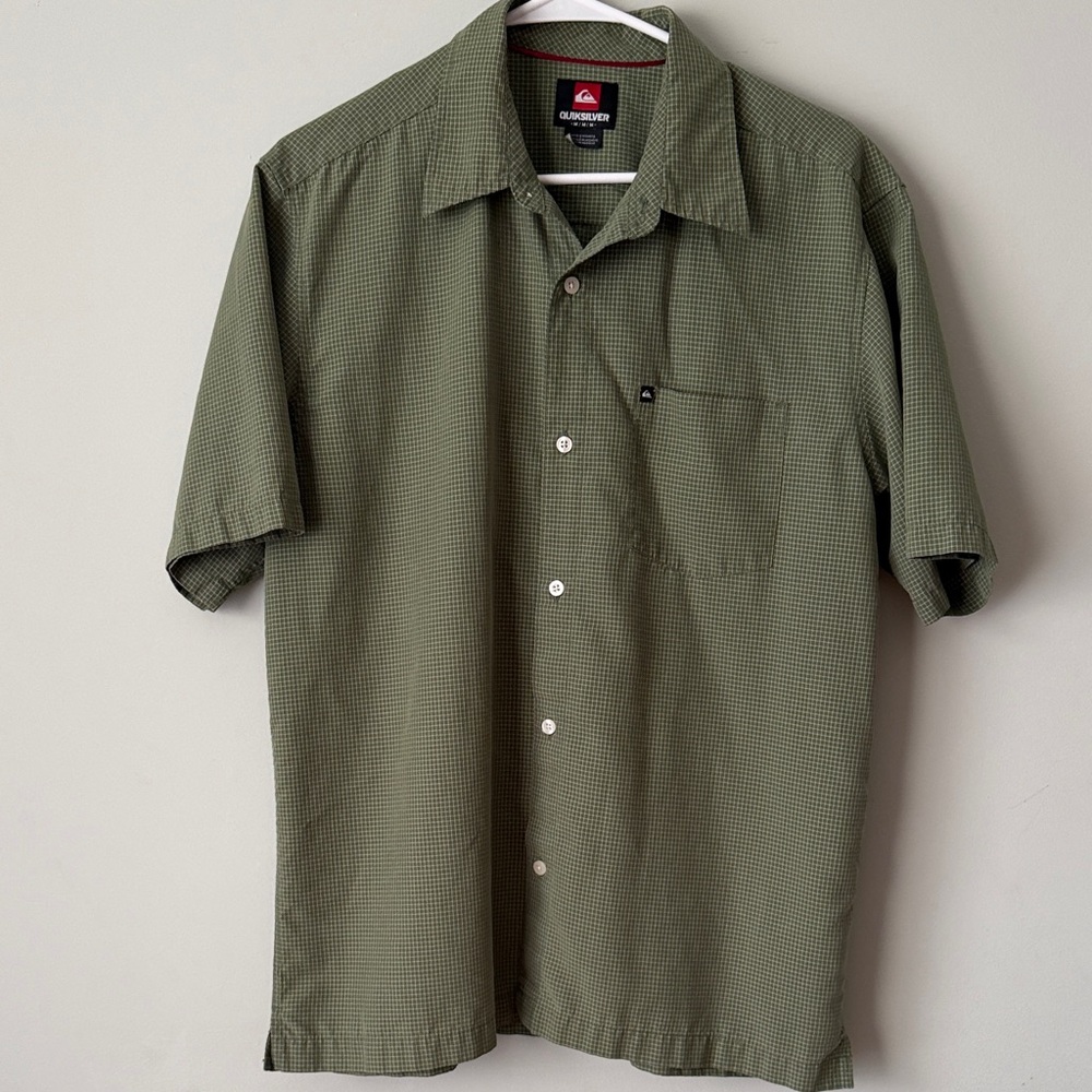 Quiksilver Men's Short Sleeve Olive Green Micro-Check Button-Up Shirt
